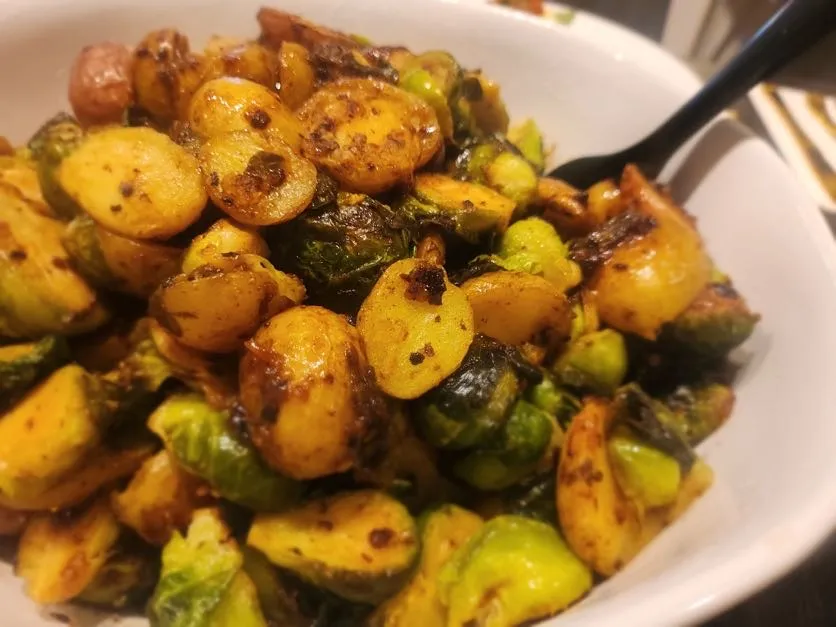 Roasted brussels sprouts and baby potatoes